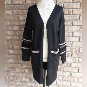 Hipster Row Black Open-Front Cardigan with Embroderied & Fringe Details.